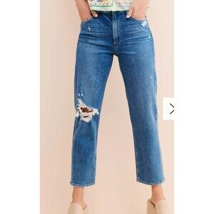 PAIGE Jeans Women's 27 Noella Relaxed Straight Leg Jeans Distressed Cropped